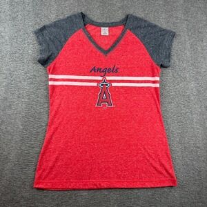 Sideline Apparel MLB Angels T-Shirt Women's Medium Red Raglan V-Neck Logo Tee